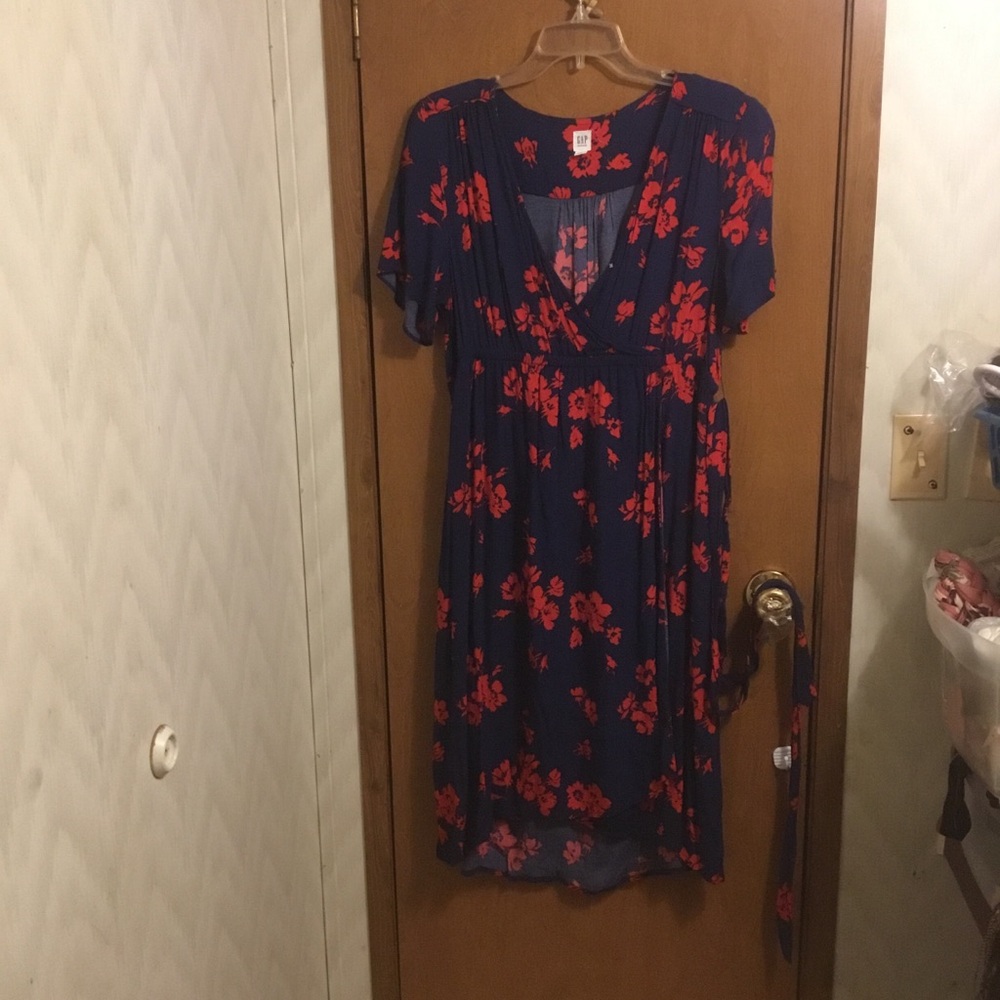 Gap Navy Blue Red Floral Belted V Neck Maternity’s Midi Dress M